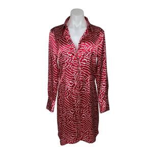 Vertigo Paris Red White Satin Mini Shirt Dress Collar Button down Long sleeve MD